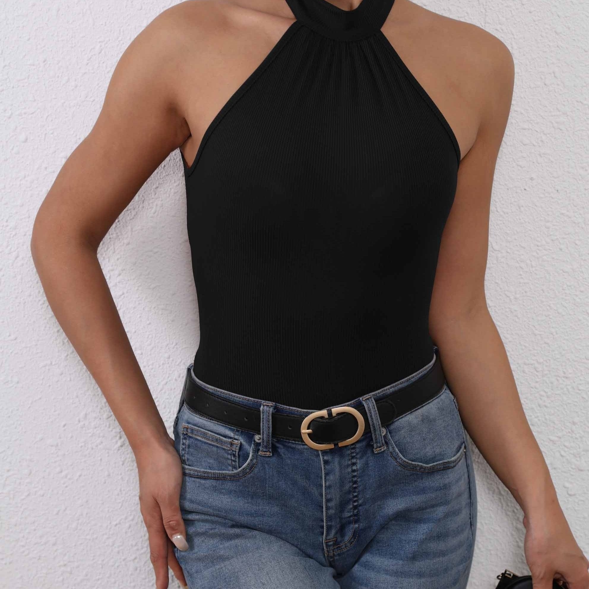 Lace Tie Back Bodysuit Halter Neck Sleeveless