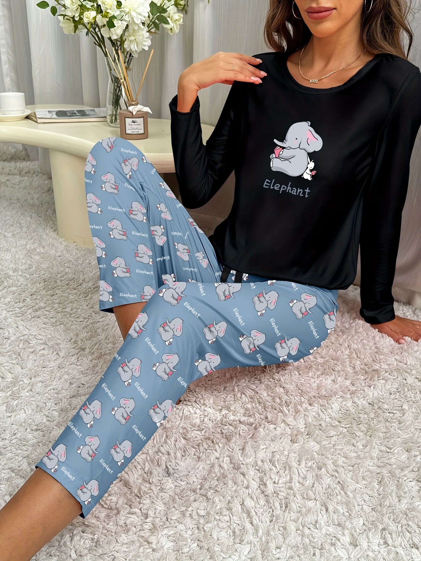 Elephant Print Pajama Set Long Sleeve Top & Pants Women's Sleepwear