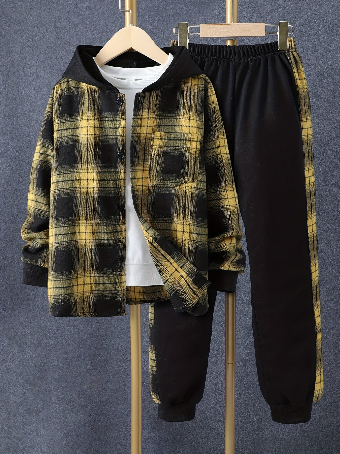 Boys 2pcs Hooded Shirt Top & Sweatpants Plaid Print Kids Clothes