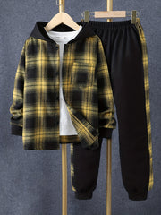 Boys 2pcs Hooded Shirt Top & Sweatpants Plaid Print Kids Clothes