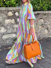 Colorblock Stripe Print Half Puff Sleeve Maxi Dress