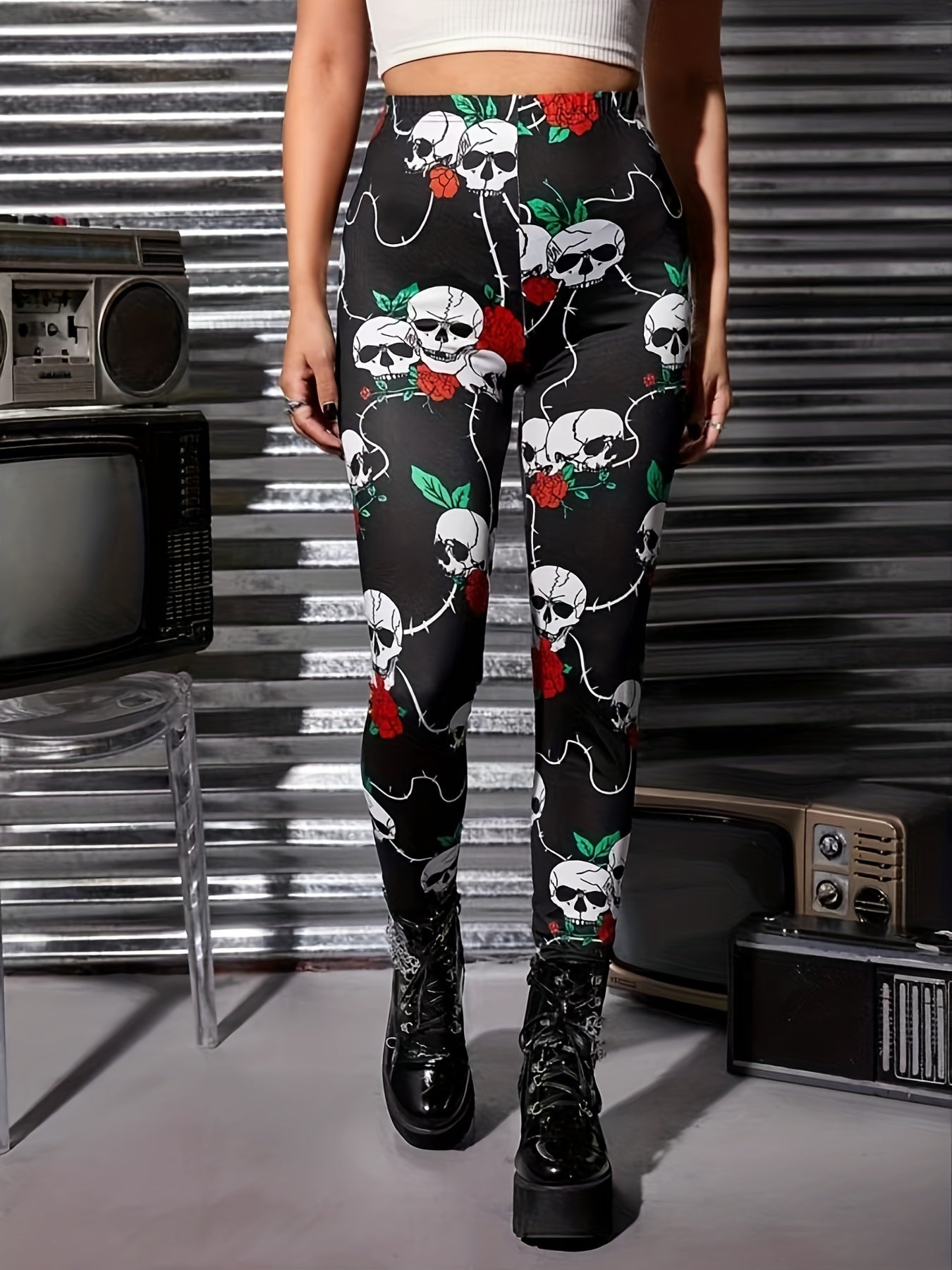 Rose & Skull Print High Waist Yoga Pants