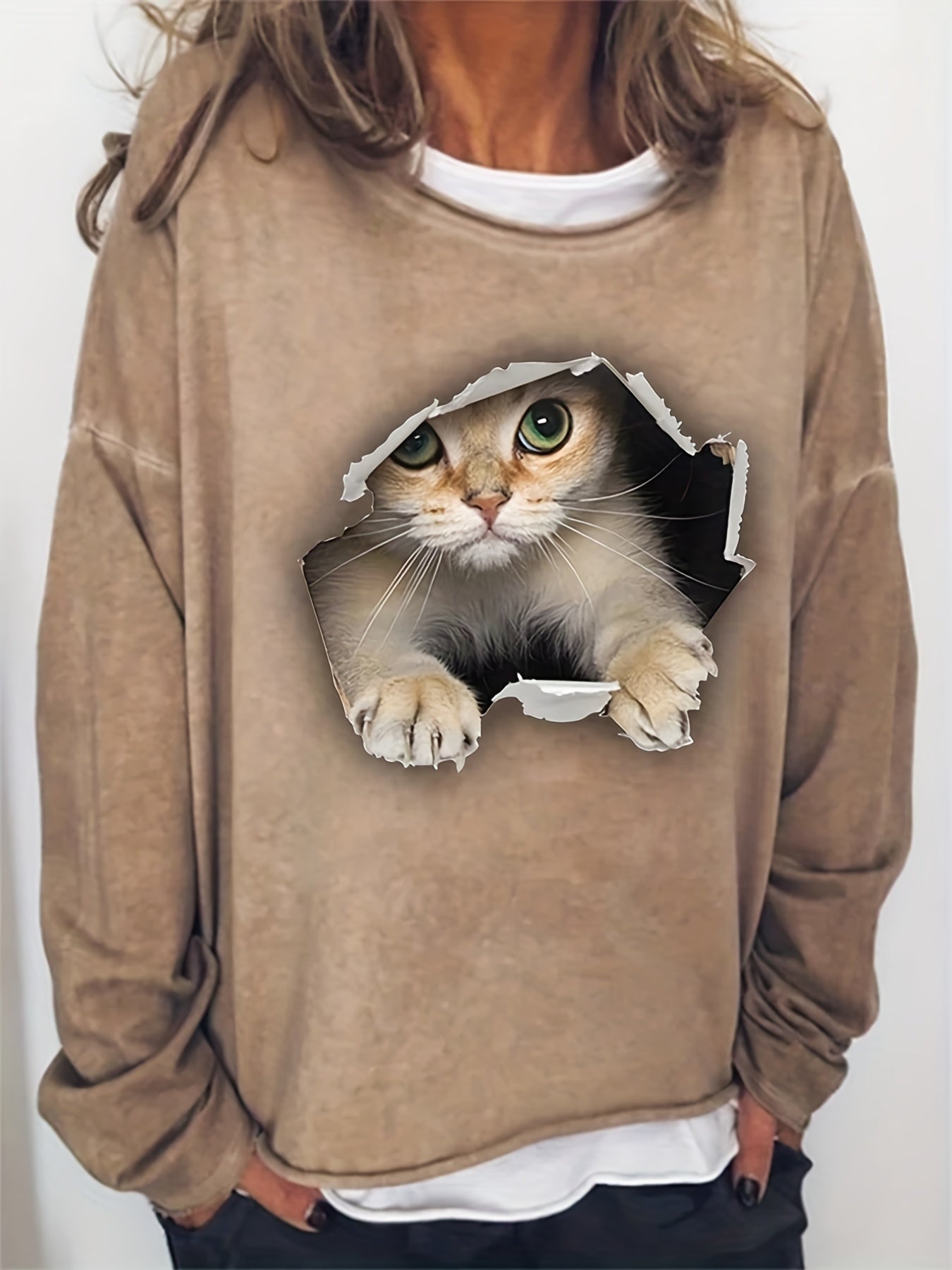 Cat Print Crew Neck Sweatshirt Casual Long Sleeve Sweatshirt For Spring & Fall