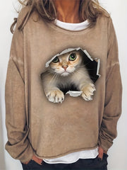 Cat Print Crew Neck Sweatshirt Casual Long Sleeve Sweatshirt For Spring & Fall