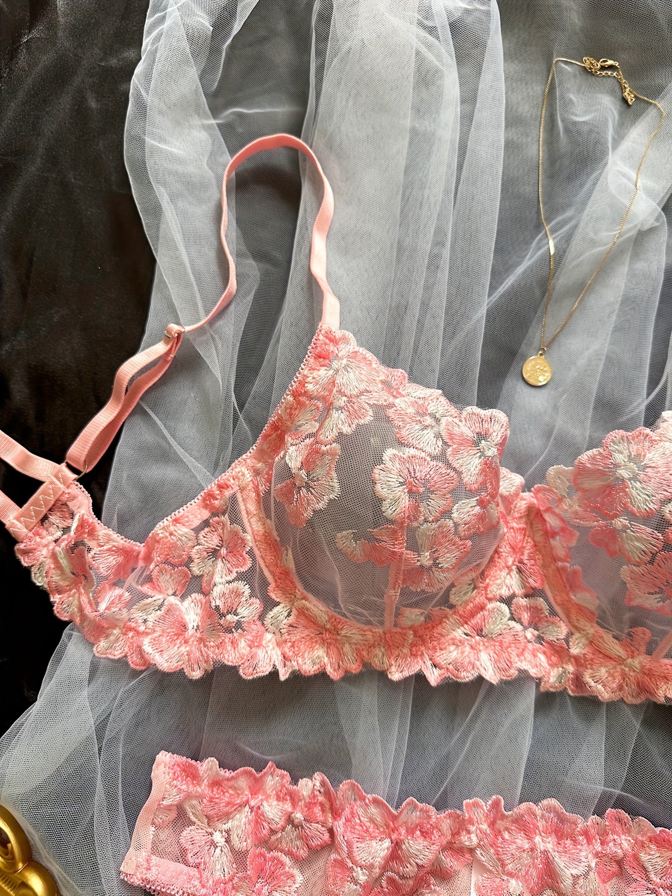 Floral Embroidery Lingerie Set Mesh Bra & Panties