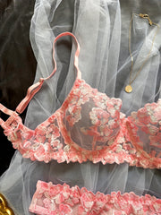 Floral Embroidery Lingerie Set Mesh Bra & Panties