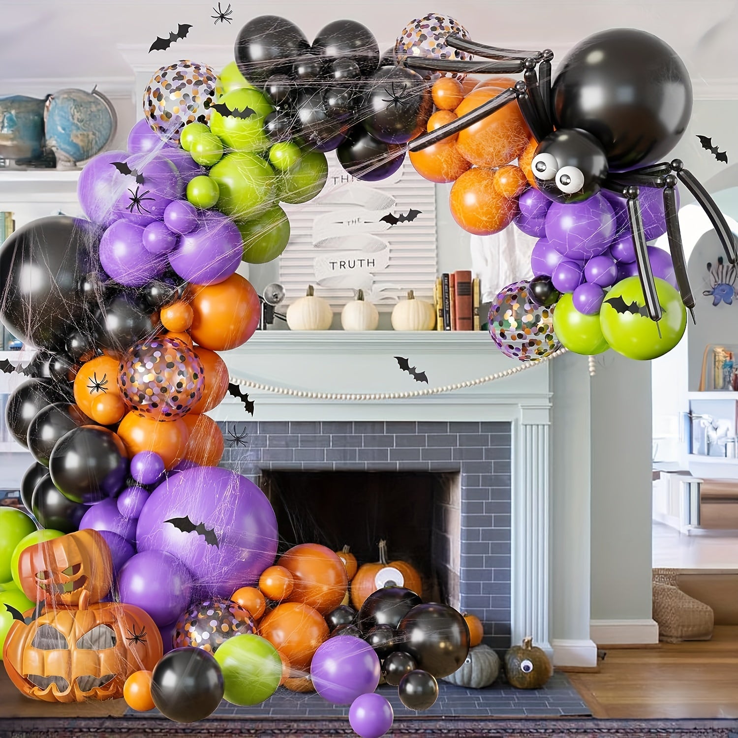 106pc Orange Confetti Halloween Latex Balloons Decorations Spider Web Print