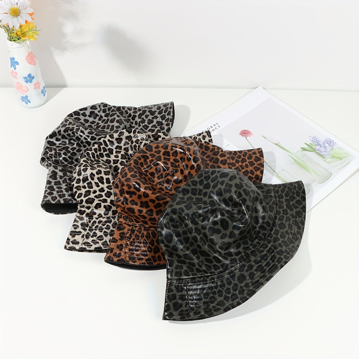 Leopard Print Reversible Bucket Hat PU Leather Waterproof Hip Hop Suns