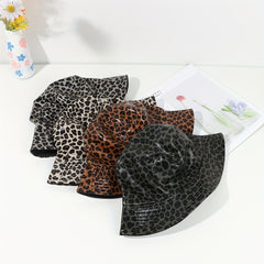Leopard Print Reversible Bucket Hat PU Leather Waterproof Hip Hop Suns