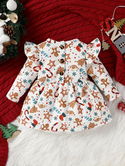 Baby Girls Christmas Cartoon Print Long Sleeve Dress