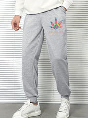 Men's Leaf Print Sports Pants Drawstring Jogging Trousers