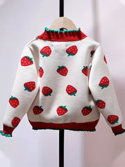 Girls Strawberry Jacquard Knit Cardigan Sweater