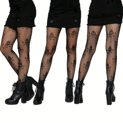 3 Pack Skull Pattern Fishnet Tights High Waist Halloween Pantyhose