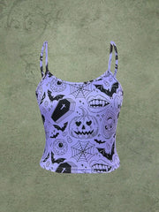 Halloween Graphic Print Cami Top Gothic Crew Neck Summer Sleeveless Top