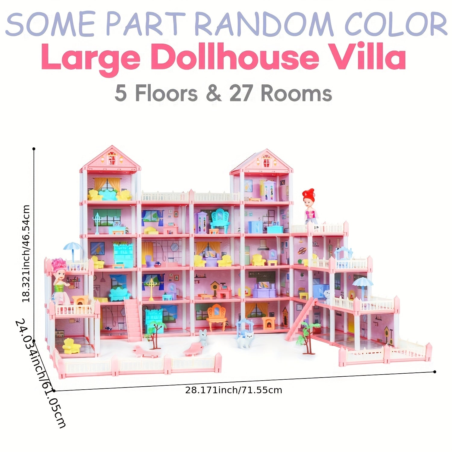 5 Story Pink Dollhouse for Girls with 27 Rooms ABS Material