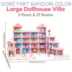 5 Story Pink Dollhouse for Girls with 27 Rooms ABS Material