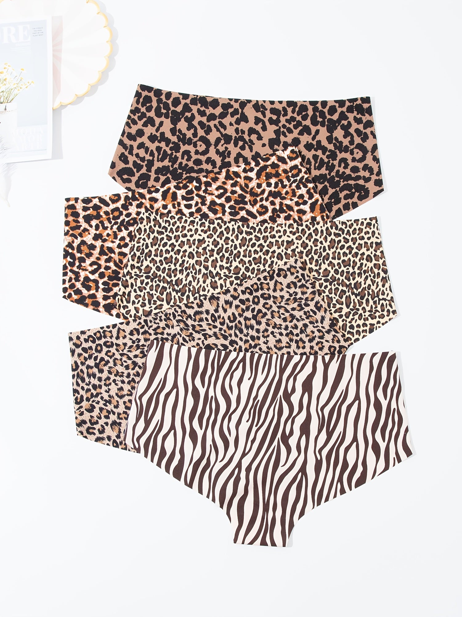 5pcs Seamless Leopard Briefs Comfy & Breathable Panties