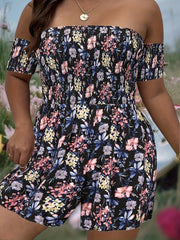 Floral Print Tube Romper Women's Plus Shirred Slight Stretch