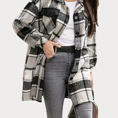 Plaid Print Shacket Jacket Long Sleeve Turn Down Collar Outerwear