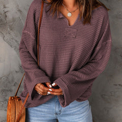 Women's Waffle V Neck Sweater Long Sleeve Solid