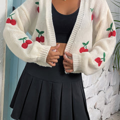 Y2K Cherry Embroidered Knit Cardigan Open Front Long Sleeve Sweater