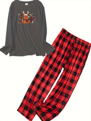 Elk Print Top & Plaid Pants Lounge Set P