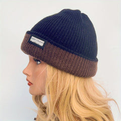 Warm Knit Beanie Hat Patch Block Design Casual Skull Cap