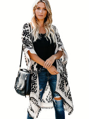 Geometric Print Pompom Trim Kimono Cover Up