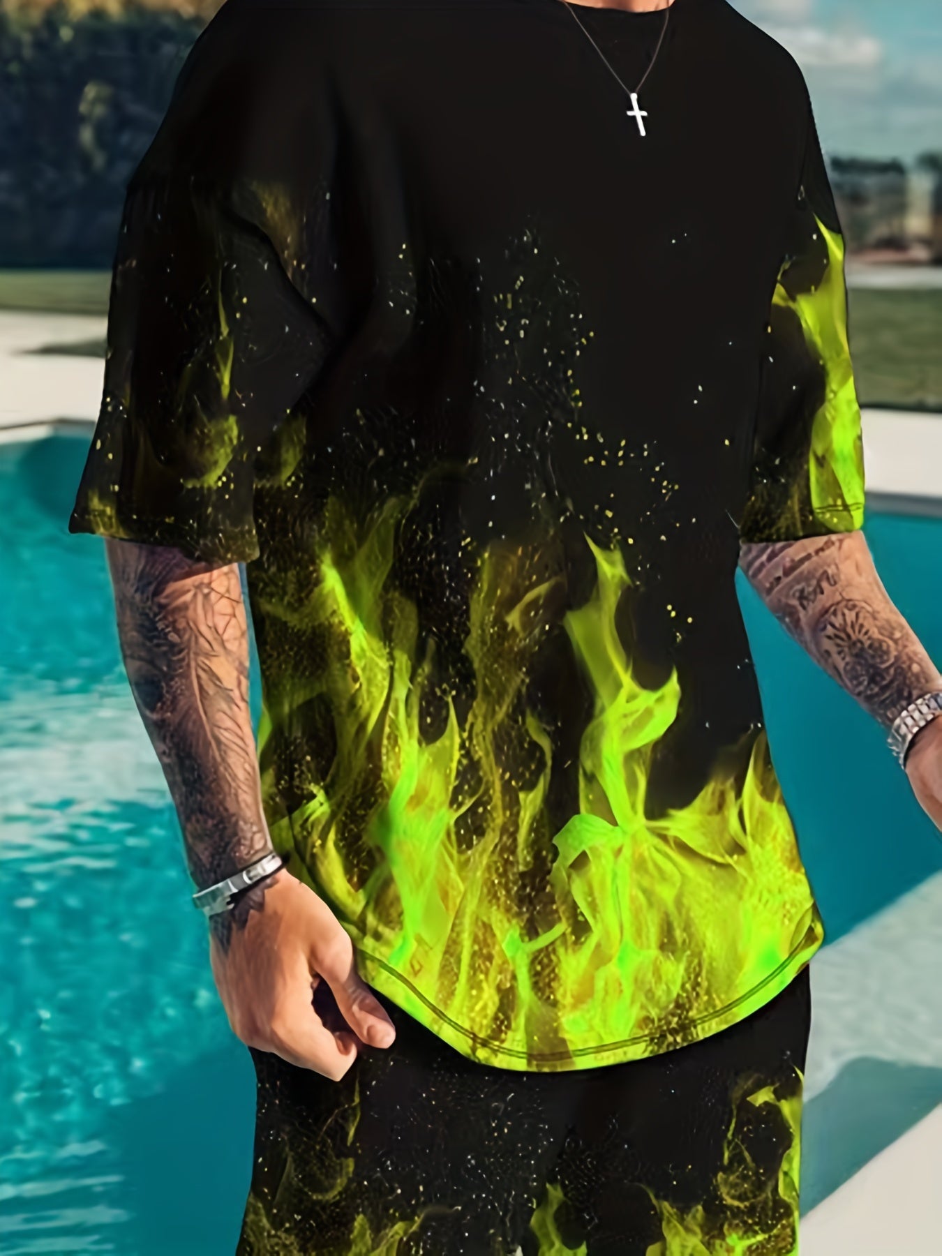 Men's Flame Graphic T-shirt & Shorts Set for Outdoor