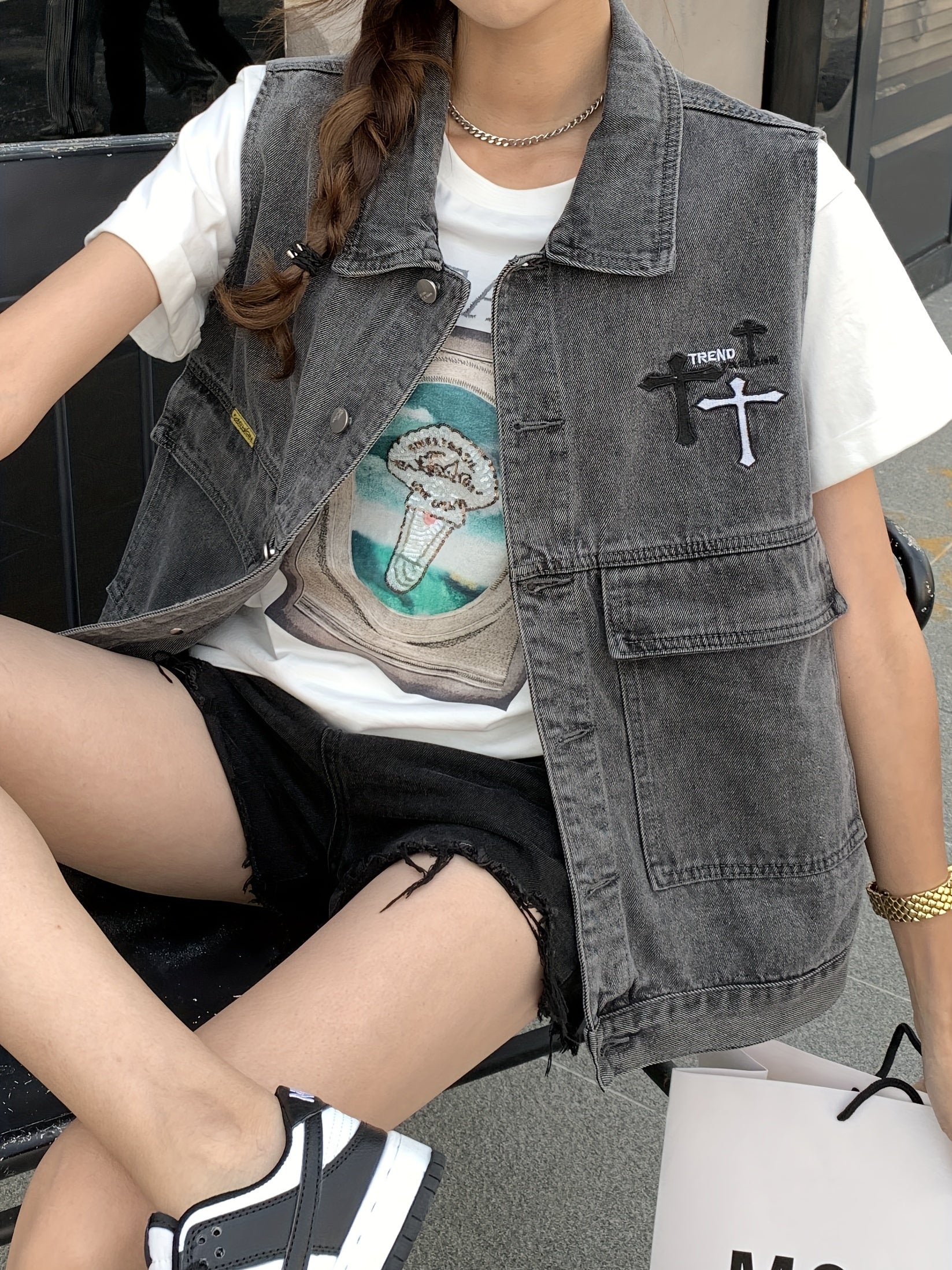 Denim Jacket Vest Women's Cross Print Lapel Collar