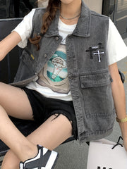 Denim Jacket Vest Women's Cross Print Lapel Collar