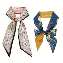 2pcs Floral Block Skinny Scarf Long Ribbon Neckerchief Twilly Scarf