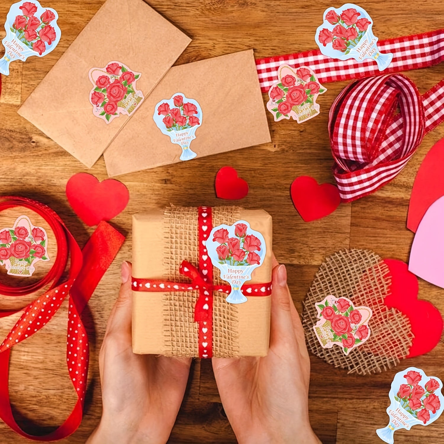 100pcs Red Rose Bouquet Happy Decorative Stickers 5.08cm