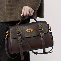 Cowhide Leather Handbag w/ Adjustable Strap & Buckle Closure Khaki C