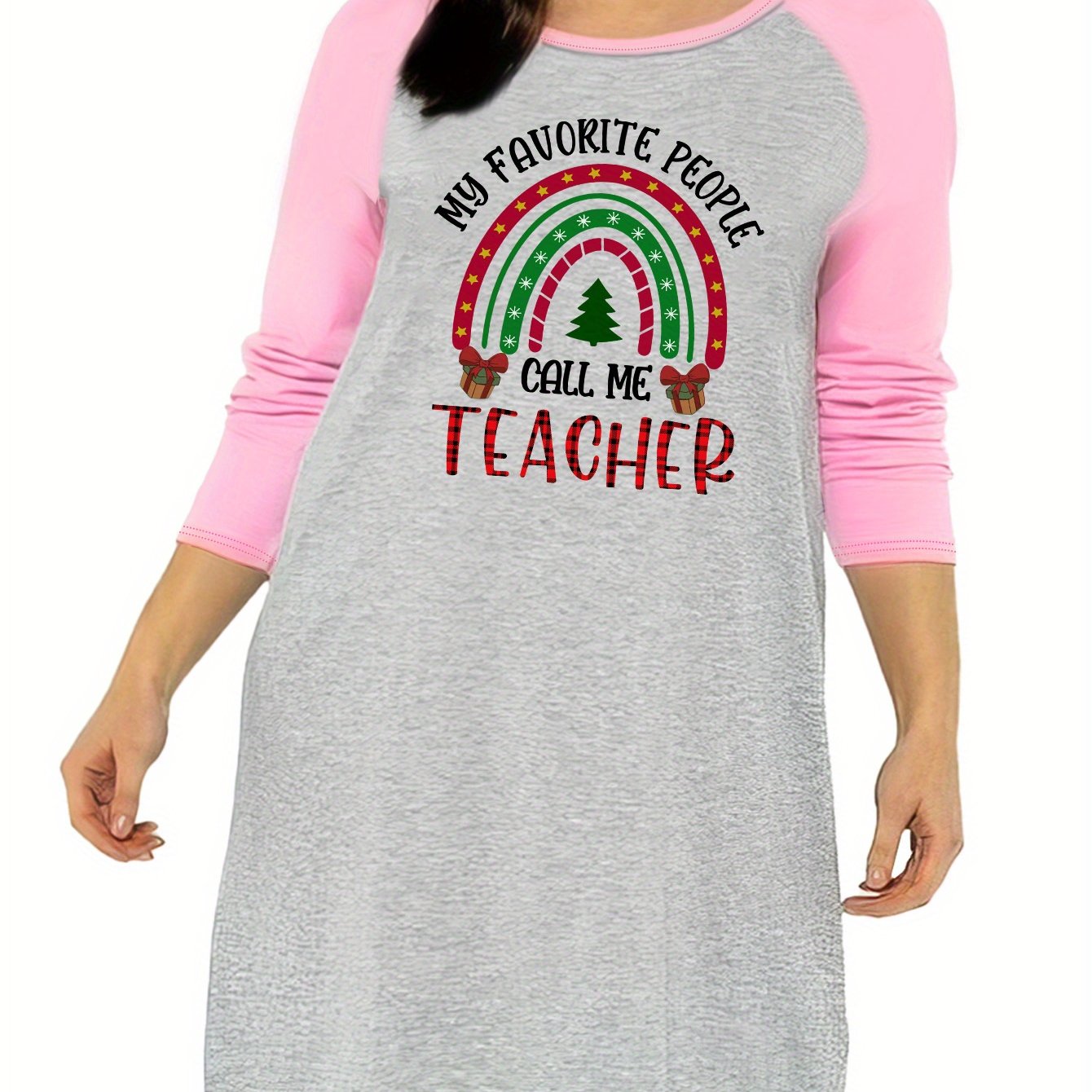 Casual Nightdress Women's Plus Rainbow & Letter Print Raglan Sleeve
