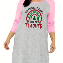Casual Nightdress Women's Plus Rainbow & Letter Print Raglan Sleeve