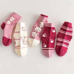 Girls Pink Bear Pattern Princess Socks, Set of 5