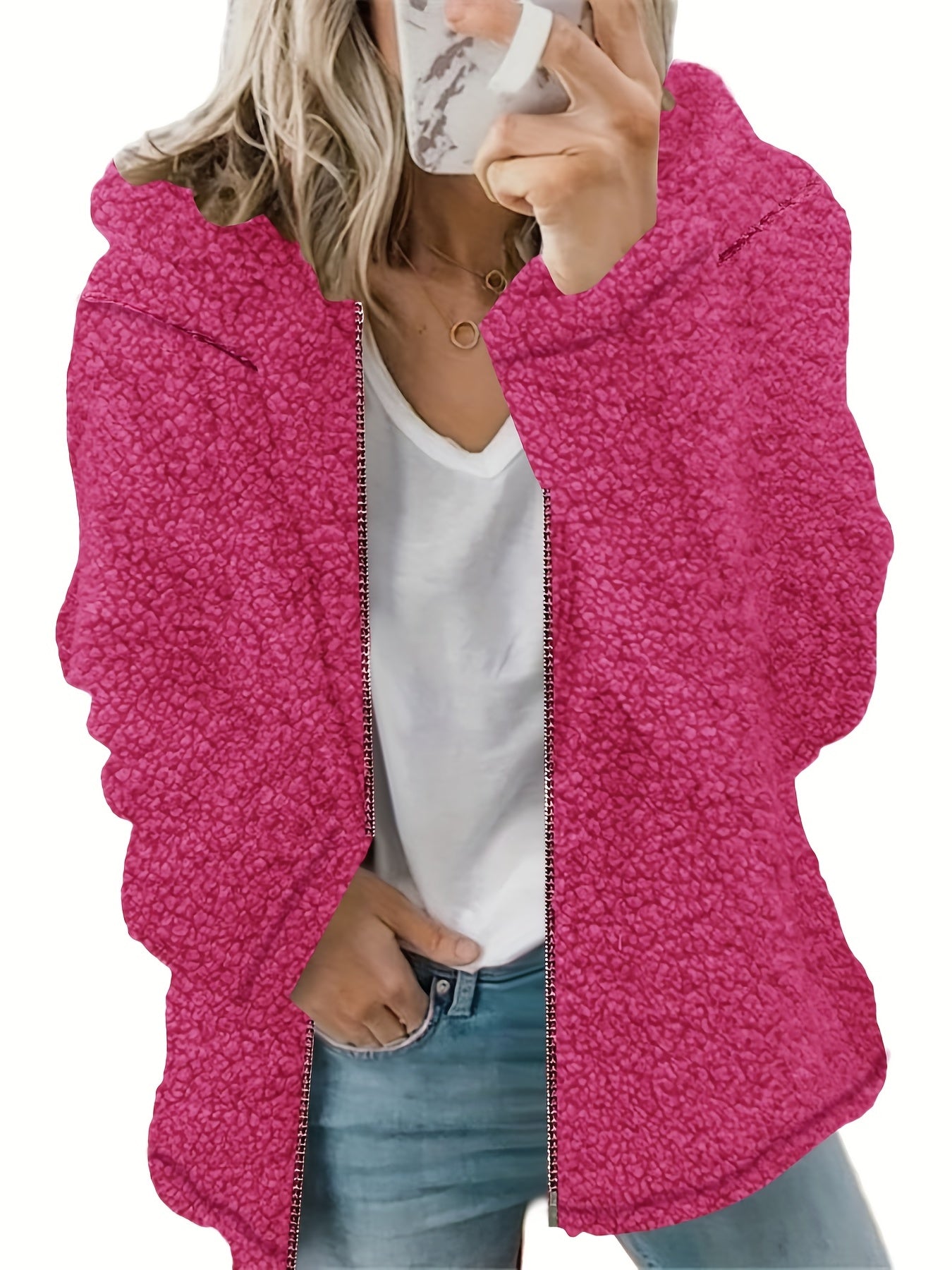 Zip Front Hoodie Plush Coat Solid Long Sleeve Outwear Women's Clothing