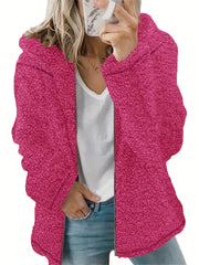 Zip Front Hoodie Plush Coat Solid Long Sleeve Outwear Women's Clothing