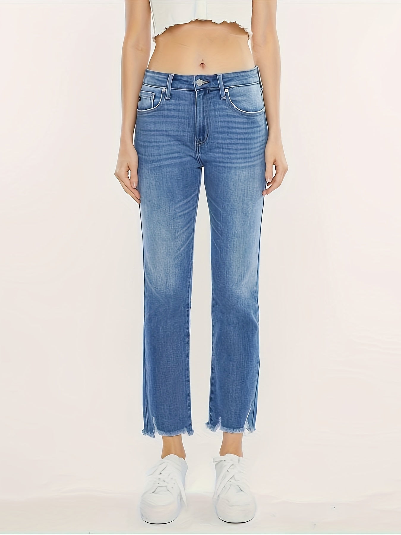 Plus Washed Button Fly Fringe Trim High Stretch Straight Leg Jeans