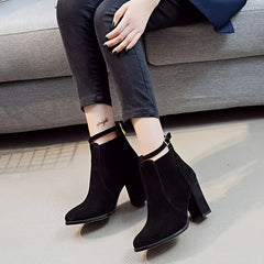 Women's Ankle Buckle Strap Boots Chunky Heel Pointed Toe Mid Heel Shoes