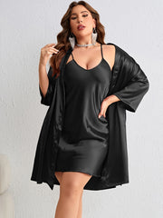 Sexy Satin Kimono Robe & V Neck Cami Dress Pajamas Set
