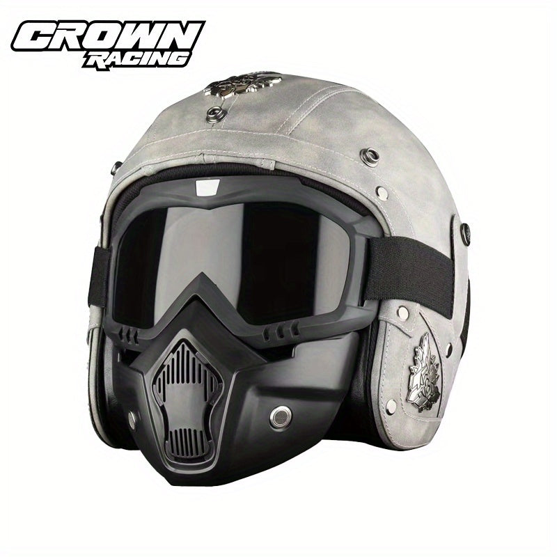 Crown Racing Retro Motorcycle Safety Men's Open Helmet with Mask