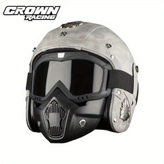 Crown Racing Retro Motorcycle Safety Men's Open Helmet with Mask