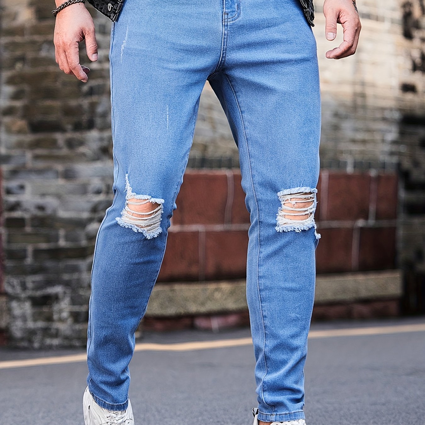 Slim Fit Ripped Jeans Men's Street Style Denim Pants