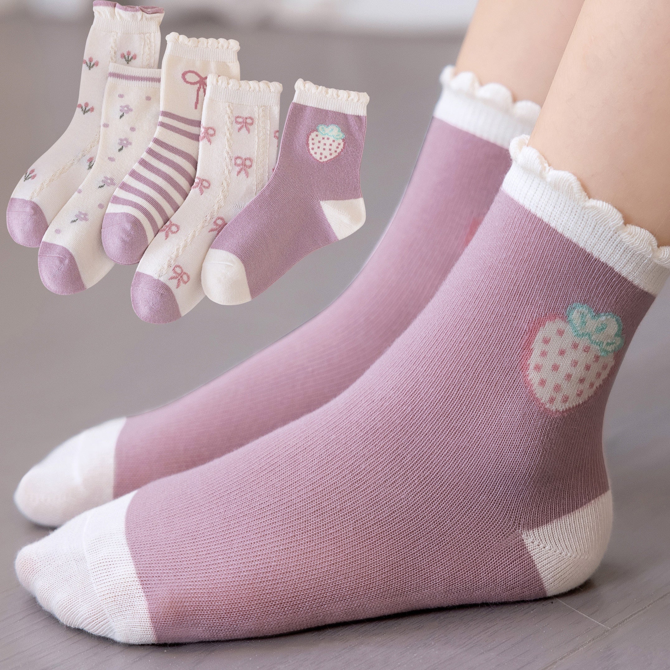 5 Pairs Girls Kids Crew Socks Cartoon Pattern Breathable Comfy Stylish Students