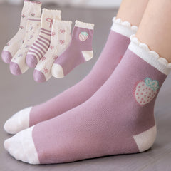 5 Pairs Girls Kids Crew Socks Cartoon Pattern Breathable Comfy Stylish Students