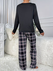 Plaid Print Pajama Set Long Sleeve Crew Neck Top & Elastic Waistband Pants