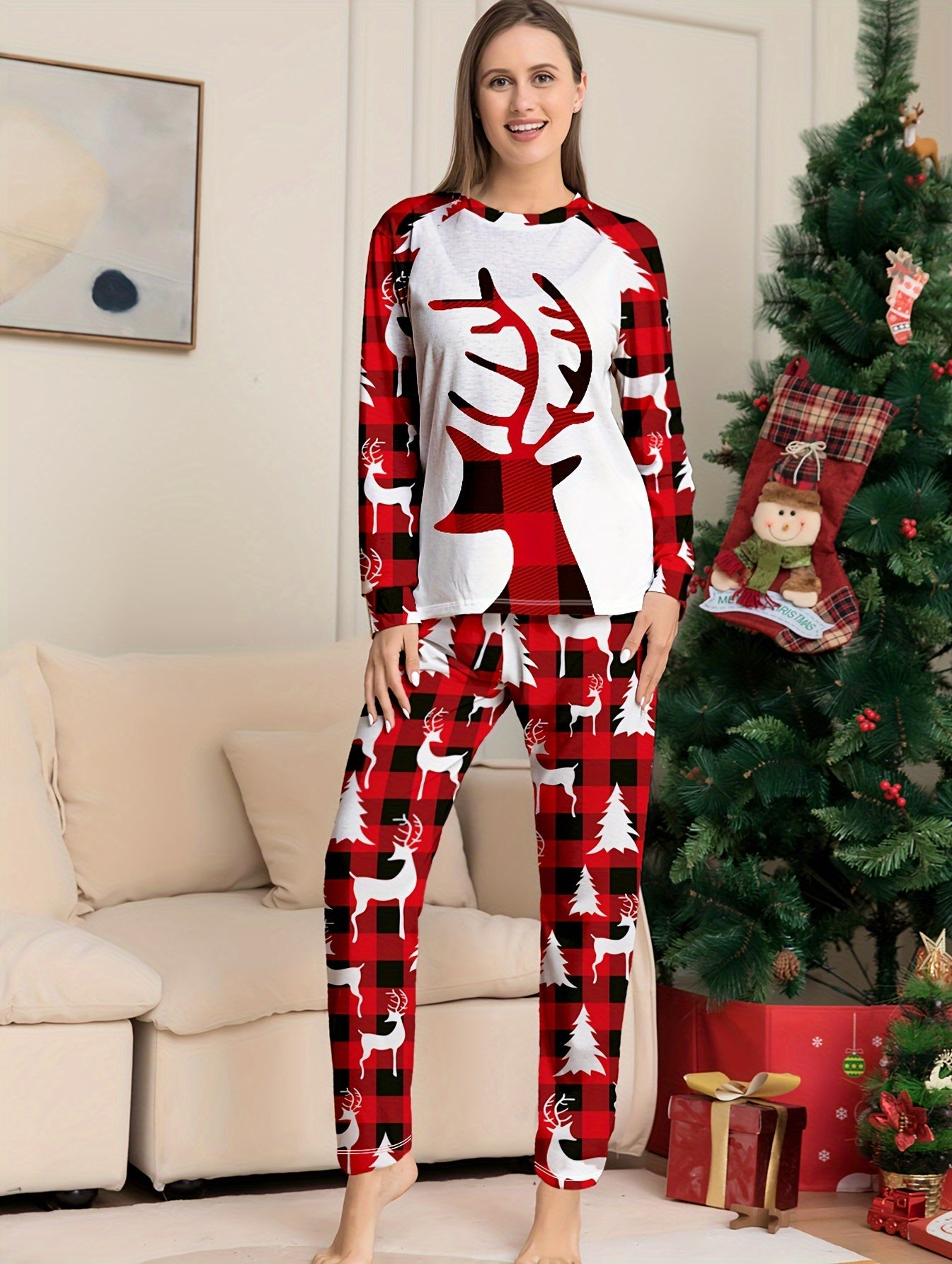 Christmas Elk Print Pajama Set Long Sleeve Top & Plaid Pants Women's Sleepwear
