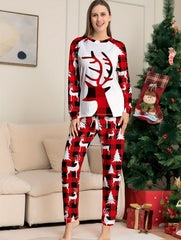 Christmas Elk Print Pajama Set Long Sleeve Top & Plaid Pants Women's Sleepwear